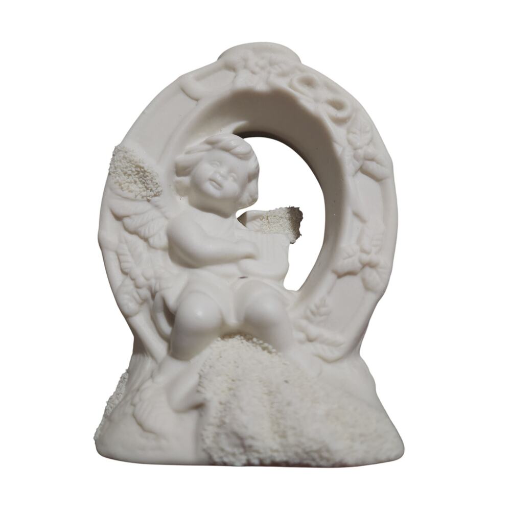 Set of 3 Angel Cherubs White Bisque Porcelain Christmas JOY Candle Holder - Picture 6 of 9